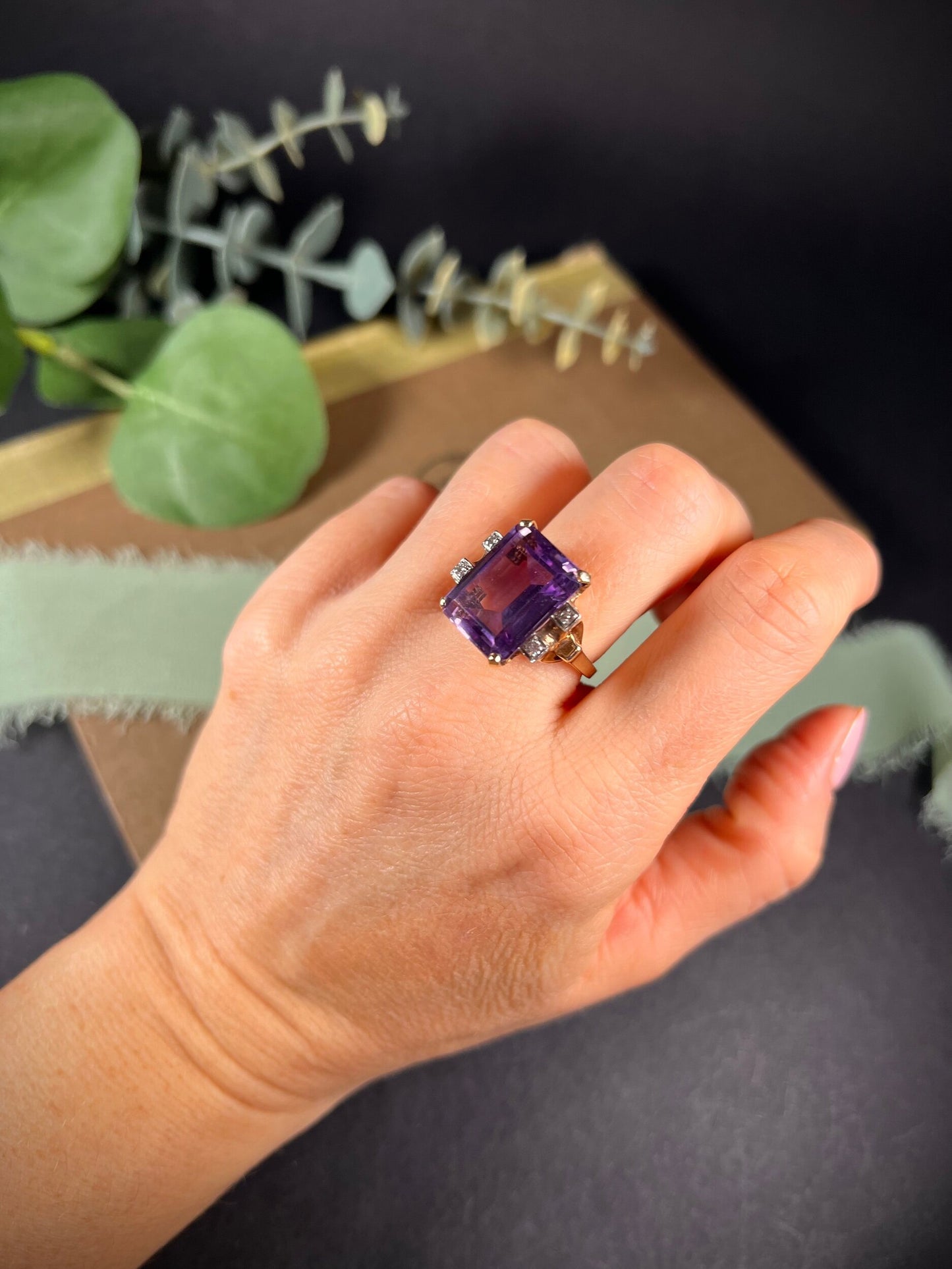 Vintage 14 Carat Gold Large Amethyst and Diamond Cocktail Ring, Circa 1960