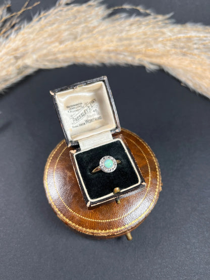 Antique 18 ct Yellow Gold, Early Victorian Opal And Diamond Halo Ring