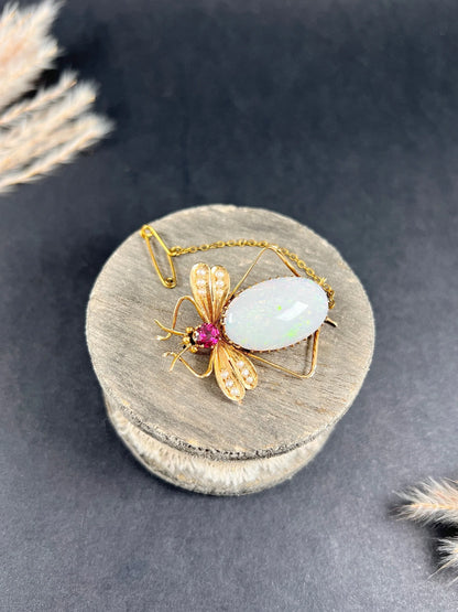 Antique 15 Carat Gold Edwardian Almandine Garnet, Opal And Pearl Insect Brooch