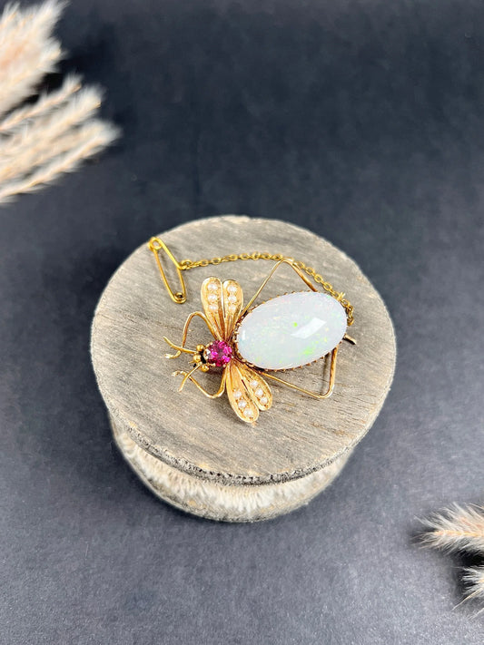 Antique 15 Carat Gold Edwardian Almandine Garnet, Opal And Pearl Insect Brooch