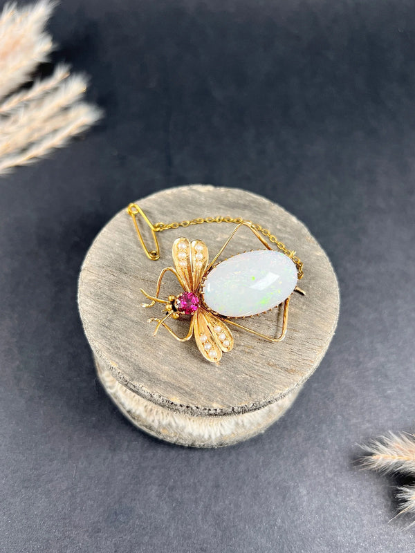 Antique 15 Carat Gold Edwardian Almandine Garnet, Opal And Pearl Insect Brooch