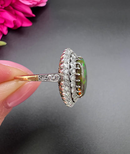 Vintage 18 Carat Gold, Platinum, Black Opal and Diamond Oval Cluster Ring