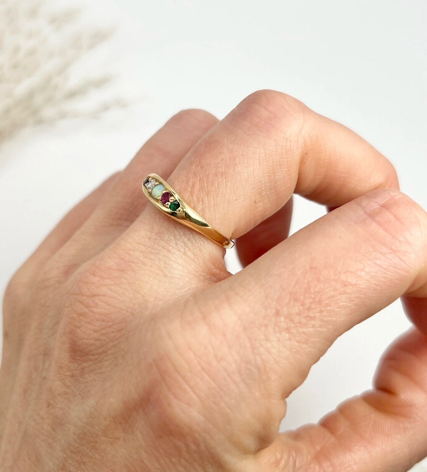 Antique 18ct Yellow Gold, Edwardian ADORE Amethyst, Diamond, Opal, Ruby & Emerald Boat Shaped Acrostic Ring, Hallmarked Birmingham