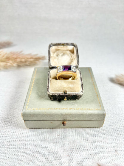 Vintage 18 Carat Gold Amethyst and Brilliant Cut Diamond Fraternity Ring, Circa 1950