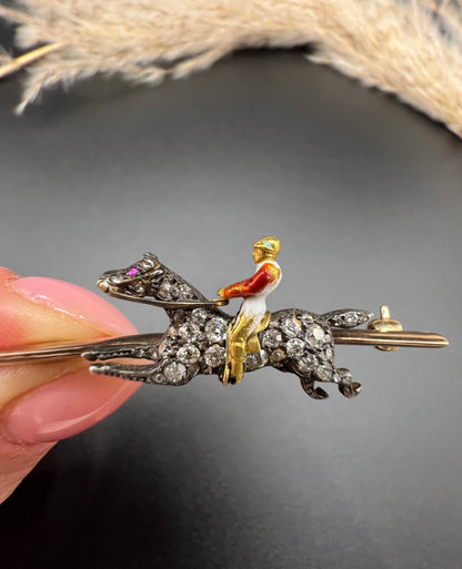 Antique 18 Carat Gold and Silver Diamond Horse and Enamel Jockey Brooch, Circa 1900