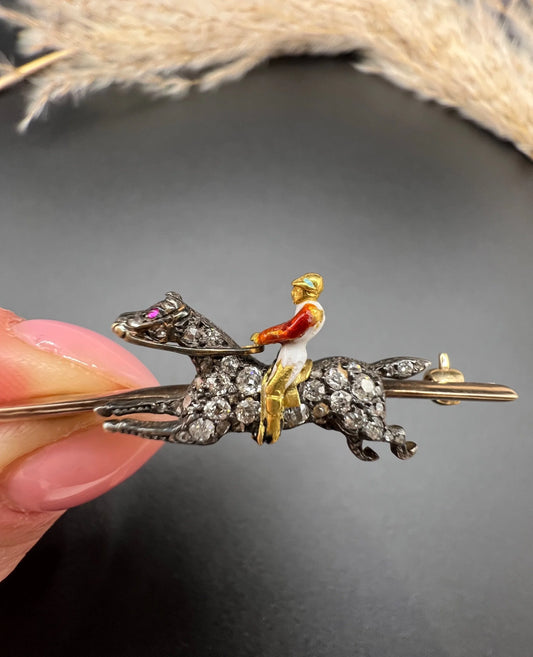 Antique 18 Carat Gold and Silver Diamond Horse and Enamel Jockey Brooch, Circa 1900