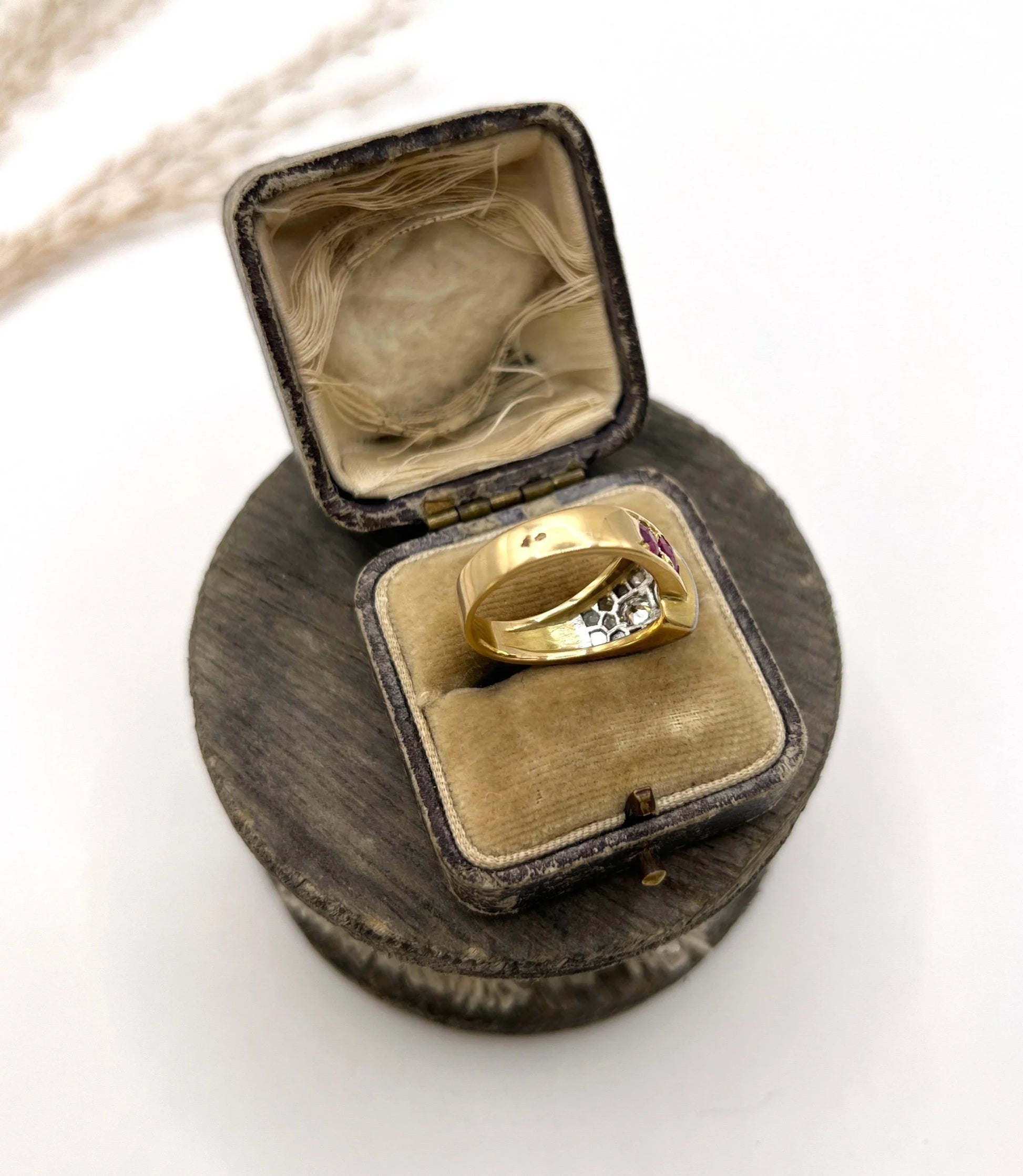 Antique French 18 Carat Gold, Platinum, Ruby and Diamond Buckle Ring