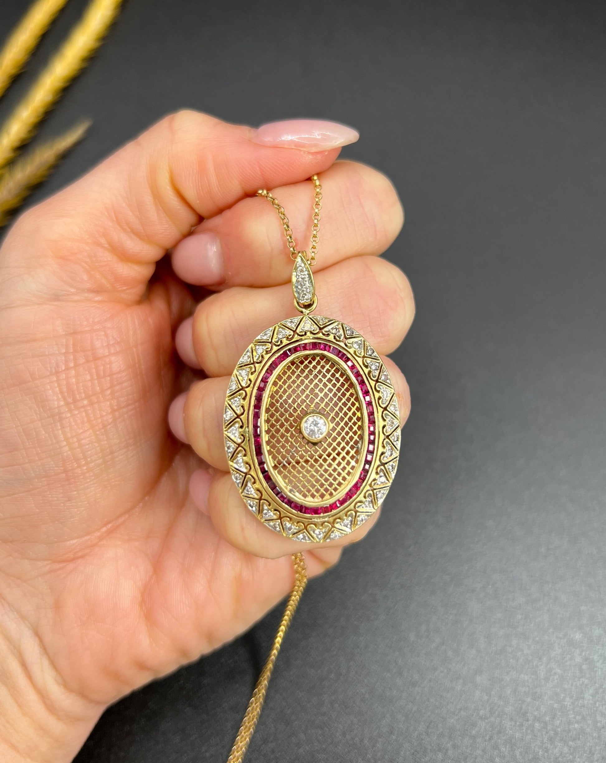 Vintage 18 Carat Gold Stamped Ruby And Diamond Oval Pendant