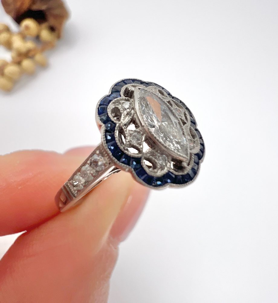 Marquise Diamond and Sapphire Cluster Dress Ring