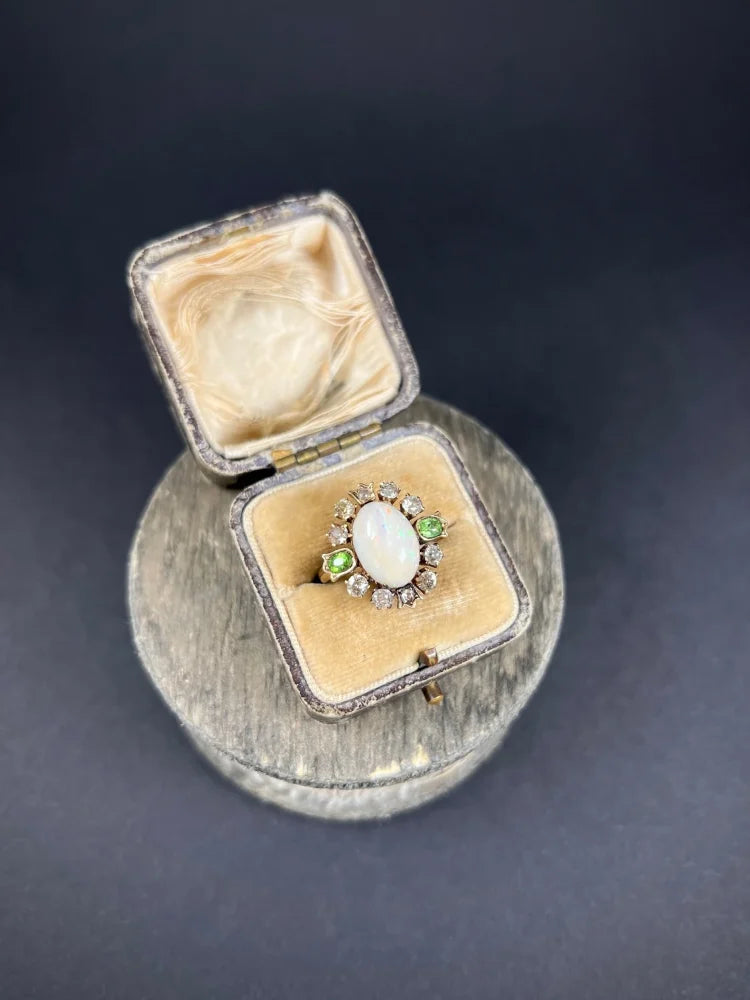 Victorian Antique Opal Diamond and Demantoid Garnet Cluster Ring