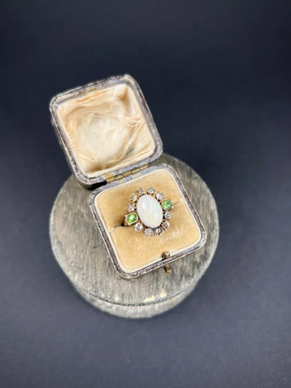 Victorian Antique Opal Diamond and Demantoid Garnet Cluster Ring