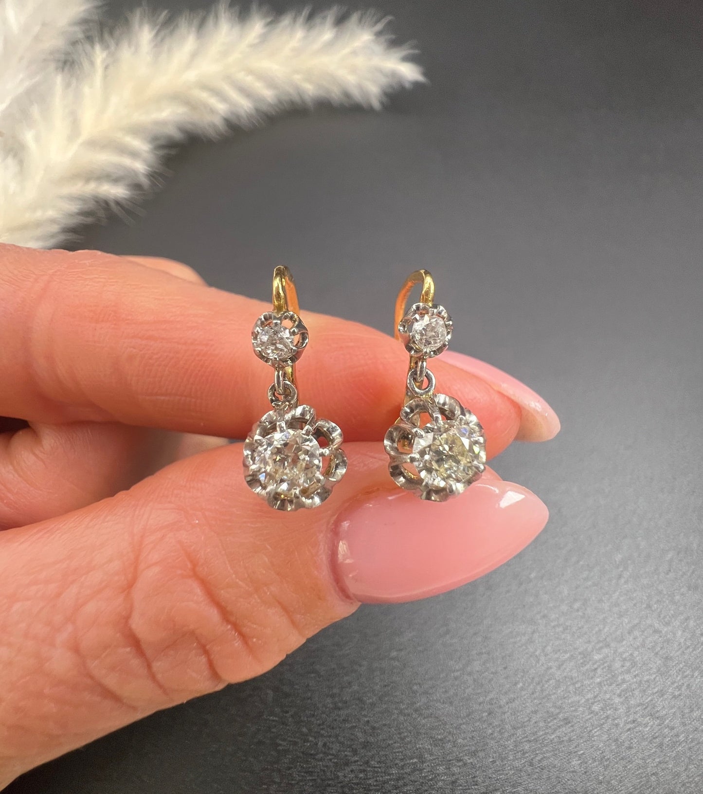 Antique 18ct Gold & Platinum Old Cut Diamond Drop Dangle Earrings