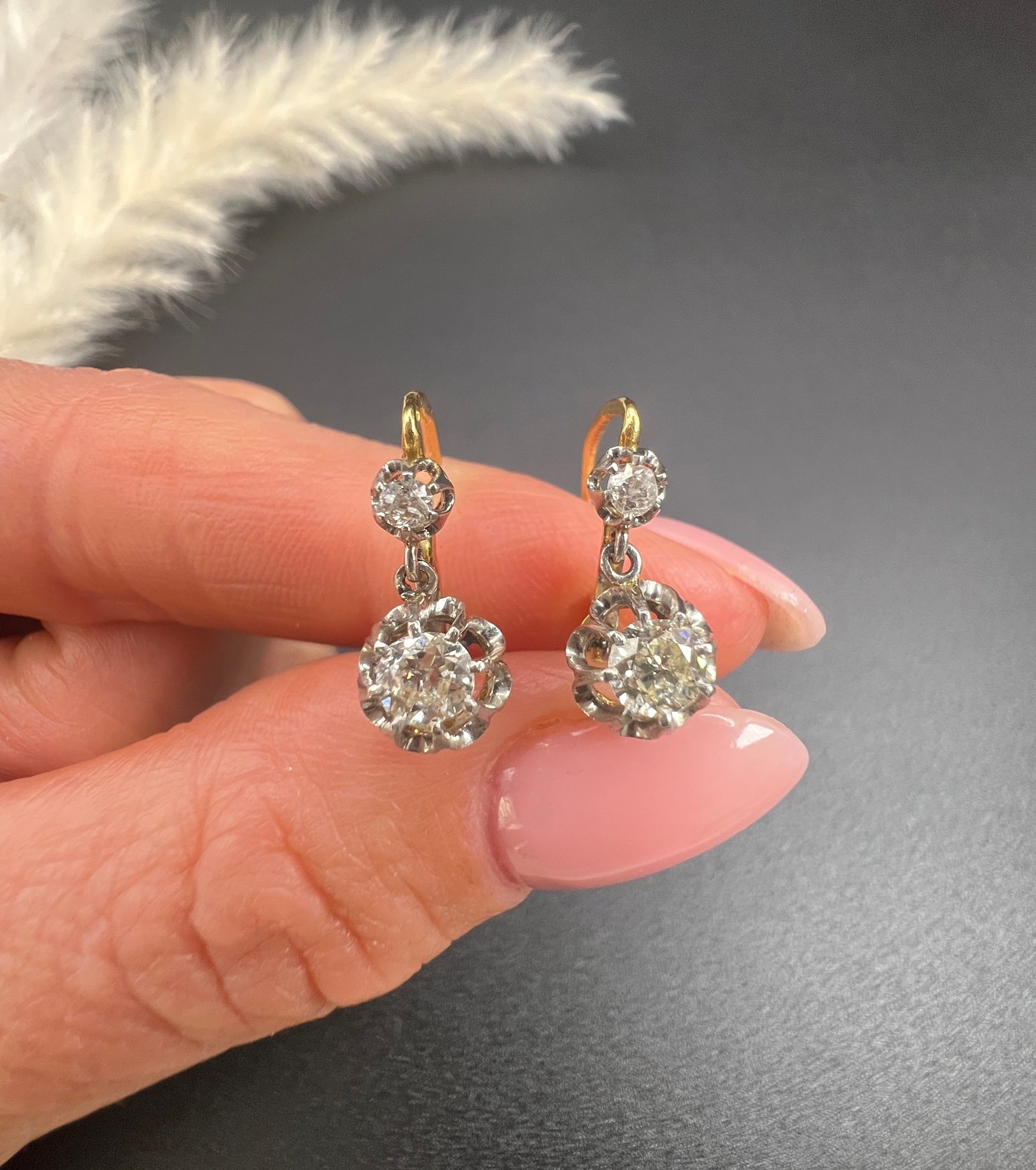 Antique 18ct Gold & Platinum Old Cut Diamond Drop Dangle Earrings