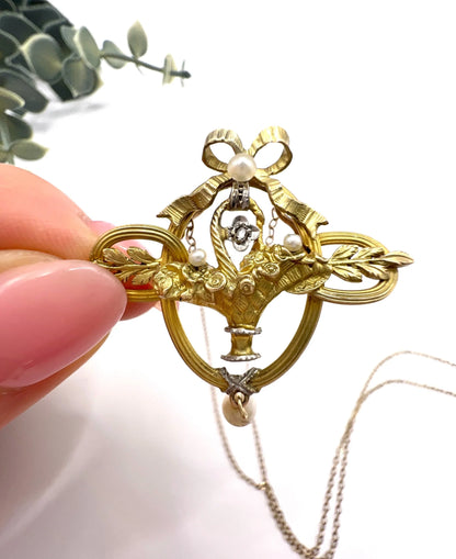 Antique 18 ct Gold, Edwardian Diamond And Seed Pearl Floral Basket Pendant Necklace