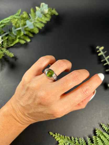 Vintage French Platinum, Peridot and Diamond Five Stone Ring, Circa 1940