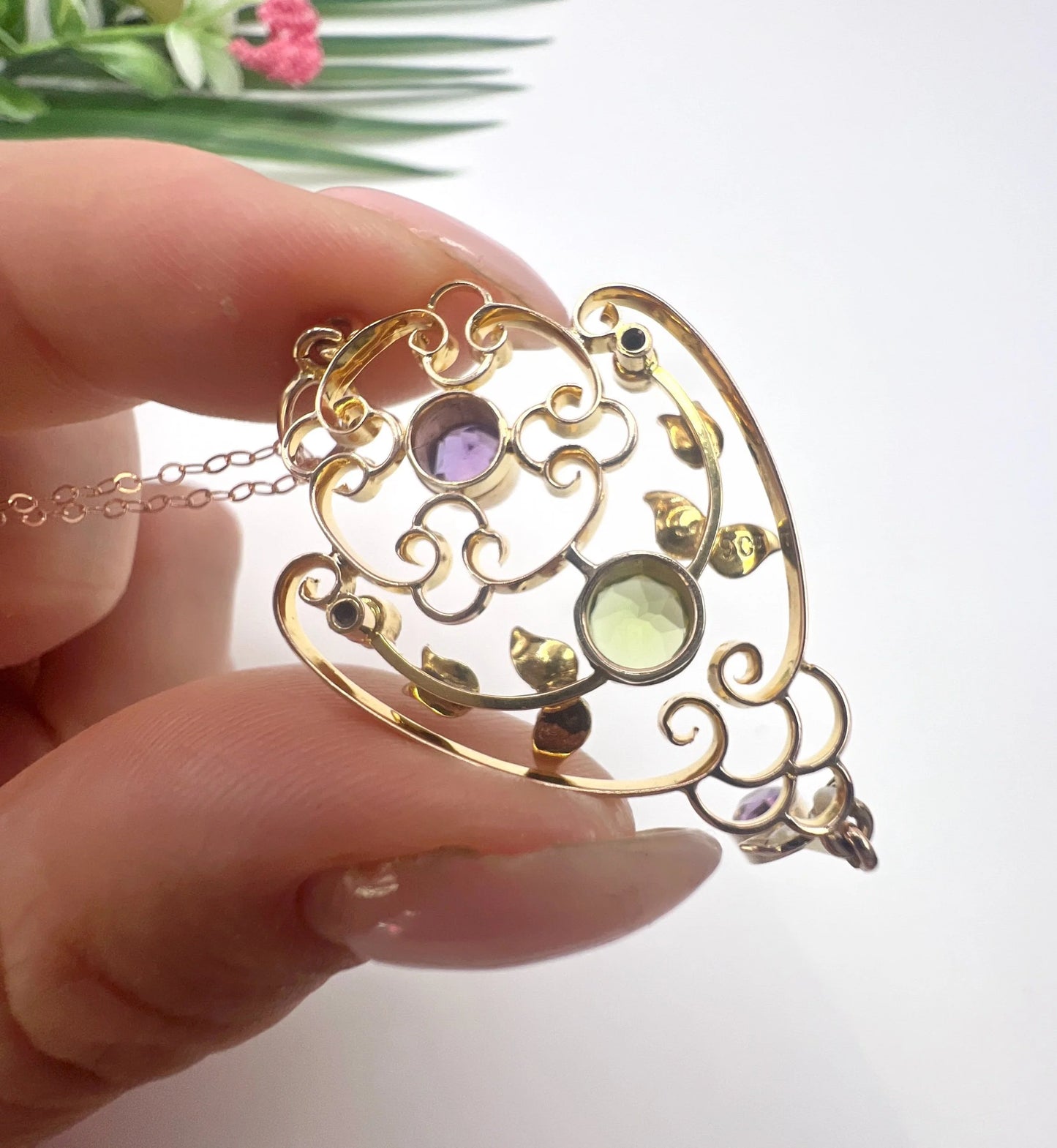 Antique 9 Carat Yellow Gold Amethyst, Peridot and Seed Pearl Suffragette Pendant Necklace