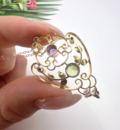 Antique 9 Carat Yellow Gold Amethyst, Peridot and Seed Pearl Suffragette Pendant Necklace