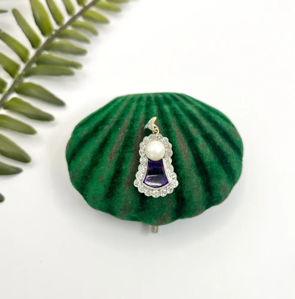 Antique Amethyst, Diamond And Pearl Pendant in 18 Carat Gold and Platinum