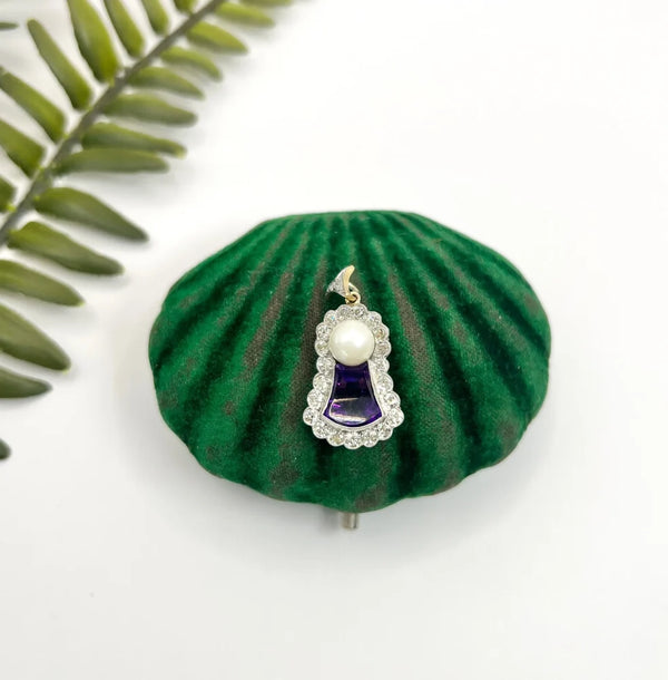 Antique Amethyst, Diamond And Pearl Pendant in 18 Carat Gold and Platinum