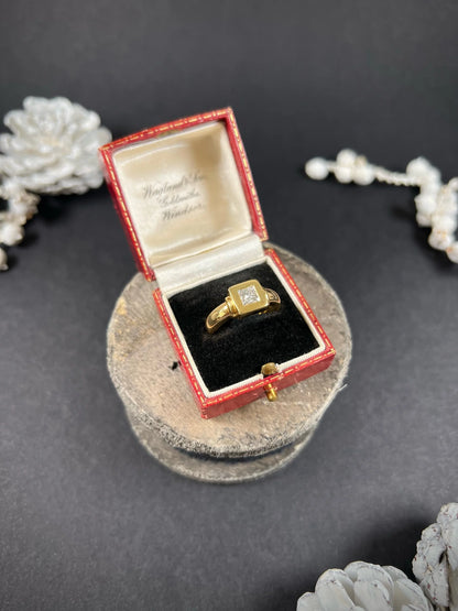 Vintage French 18 Carat Yellow Gold Princess Cut Diamond Single Stone Ring, Circa 1980