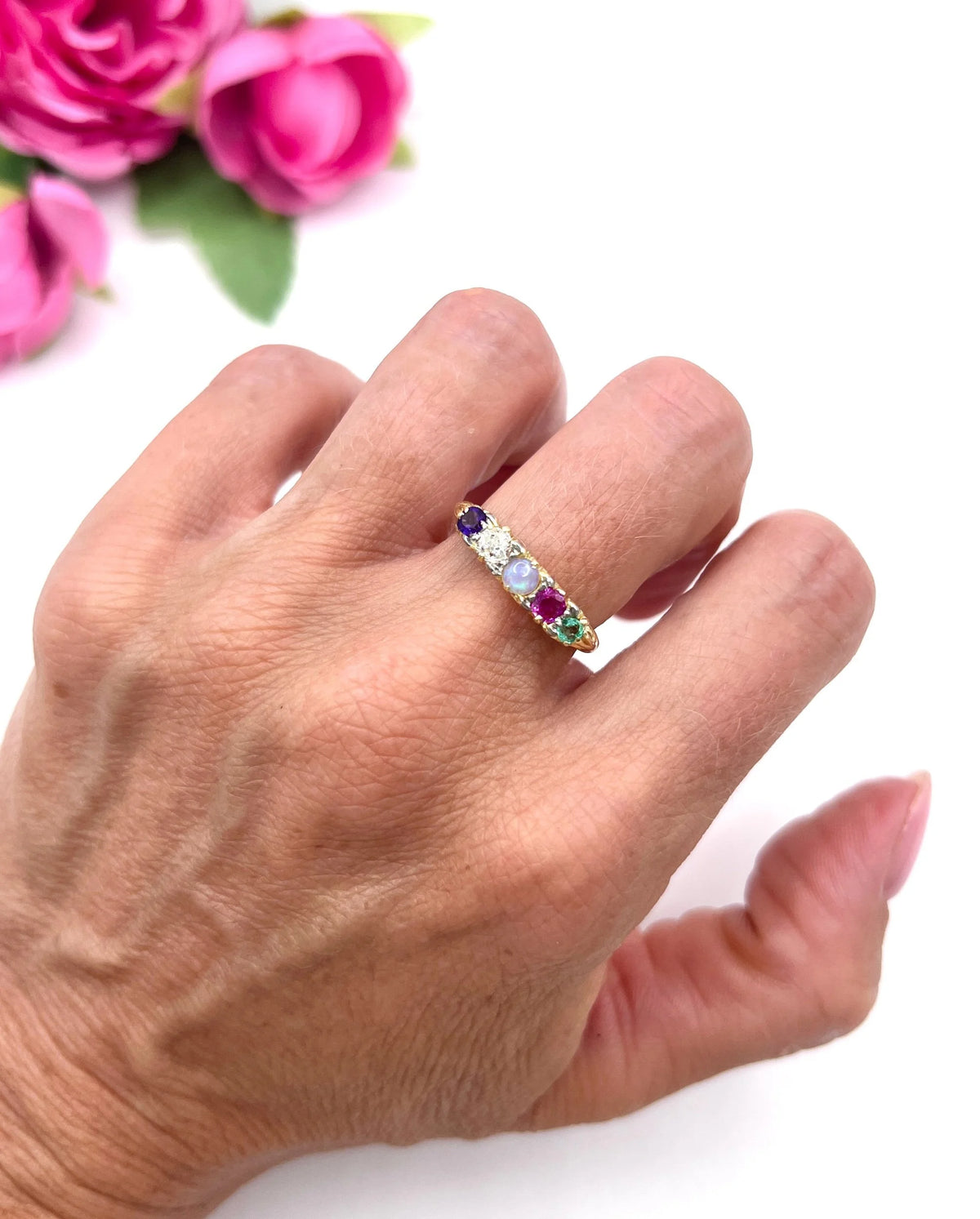 Victorian 18 Carat Gold ADORE Amethyst, Diamond, Opal, Ruby and Emerald Ring