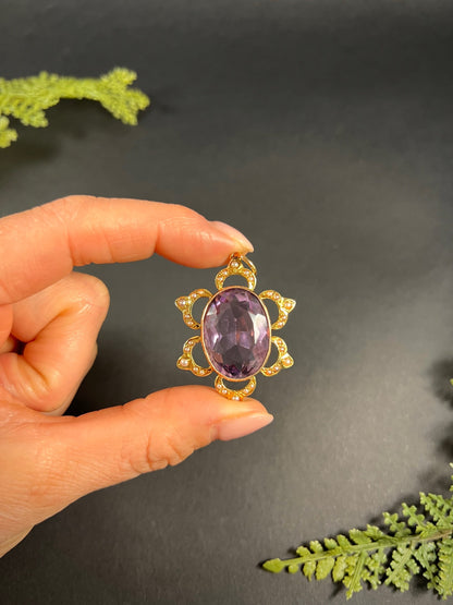 Antique 15 ct Yellow Gold, Edwardian Large Oval Faceted Amethyst And Seed Pearl Pendant