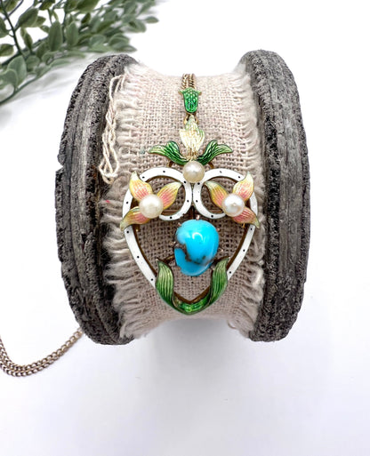 Antique 15ct Gold Heart Pendant/Brooch: Victorian Enamel, Turquoise, Seed Pearls