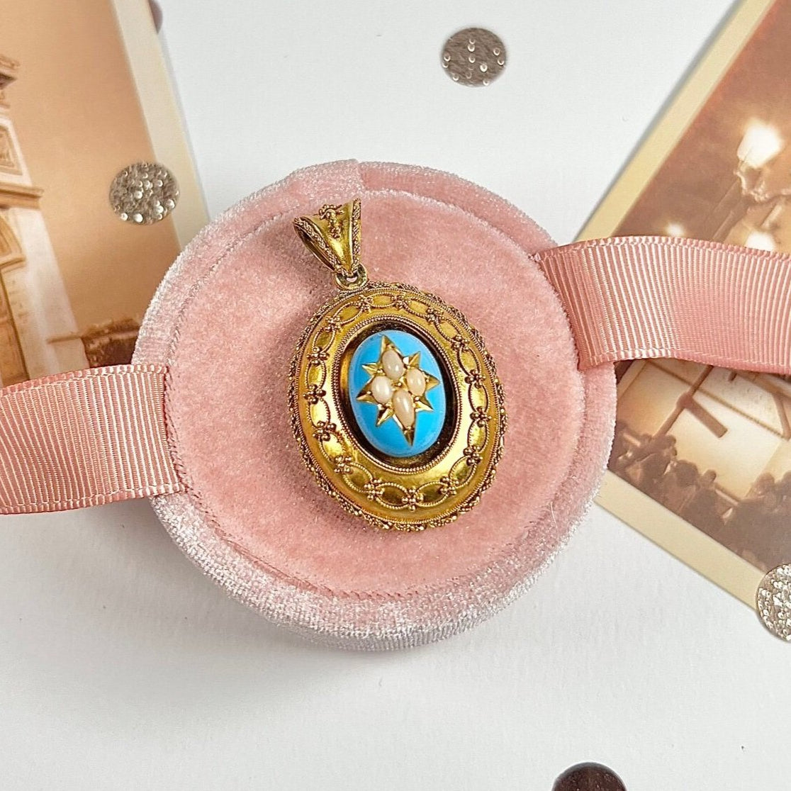 Early Victorian Antique 15ct Yellow Gold Locket Pendant with Turquoise Blue Enamel Centre and Star Set Natural Coral