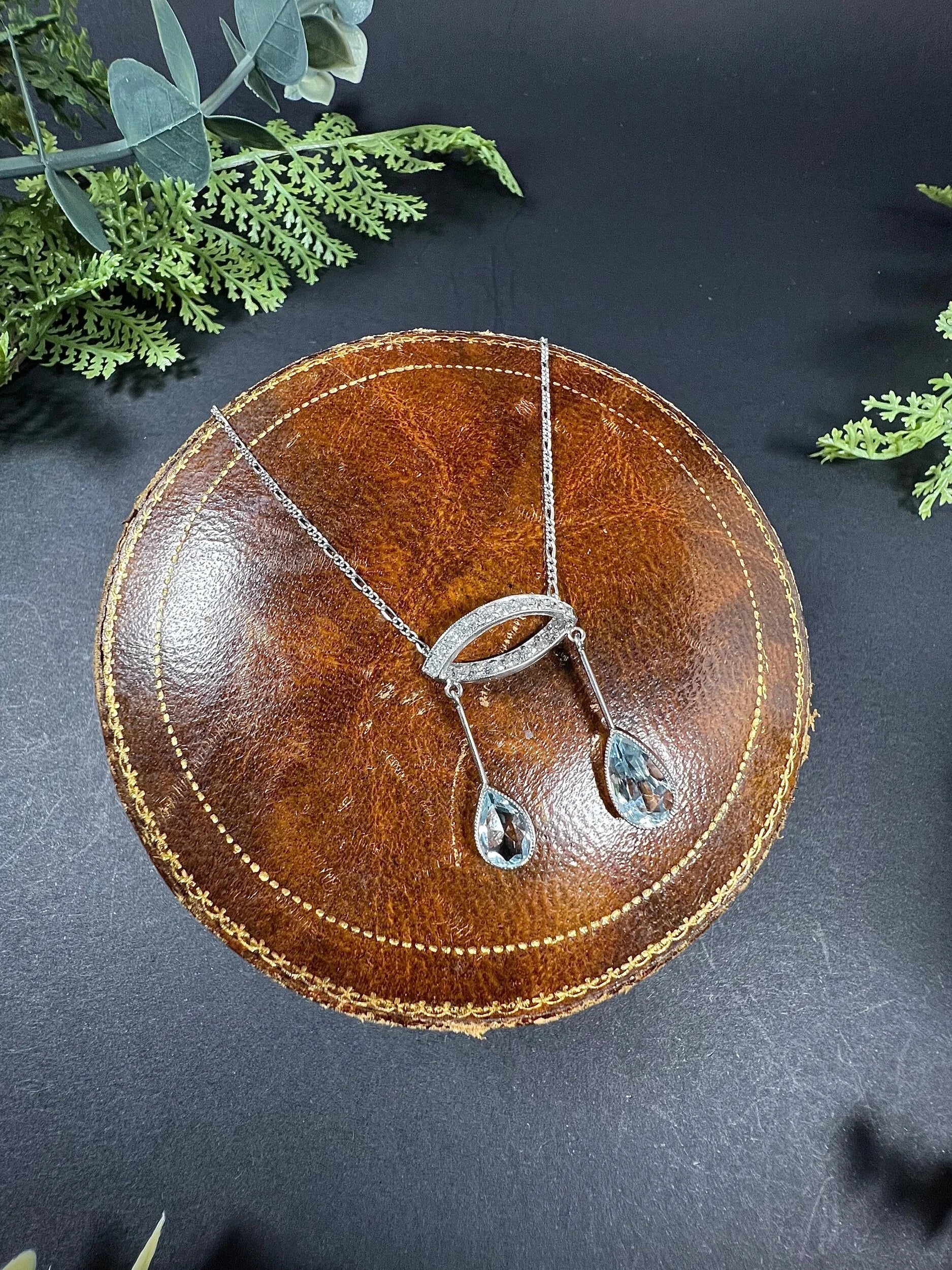 Antique Platinum, Edwardian Aquamarine & Diamond Lavalier Pendant Necklace