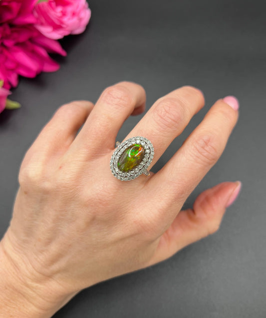 Vintage 18 Carat Gold, Platinum, Black Opal and Diamond Oval Cluster Ring