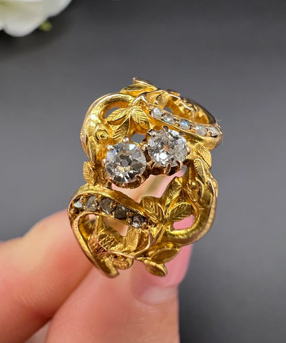 Antique 18ct Yellow Gold, Art Nouveau Diamond Snake Ring