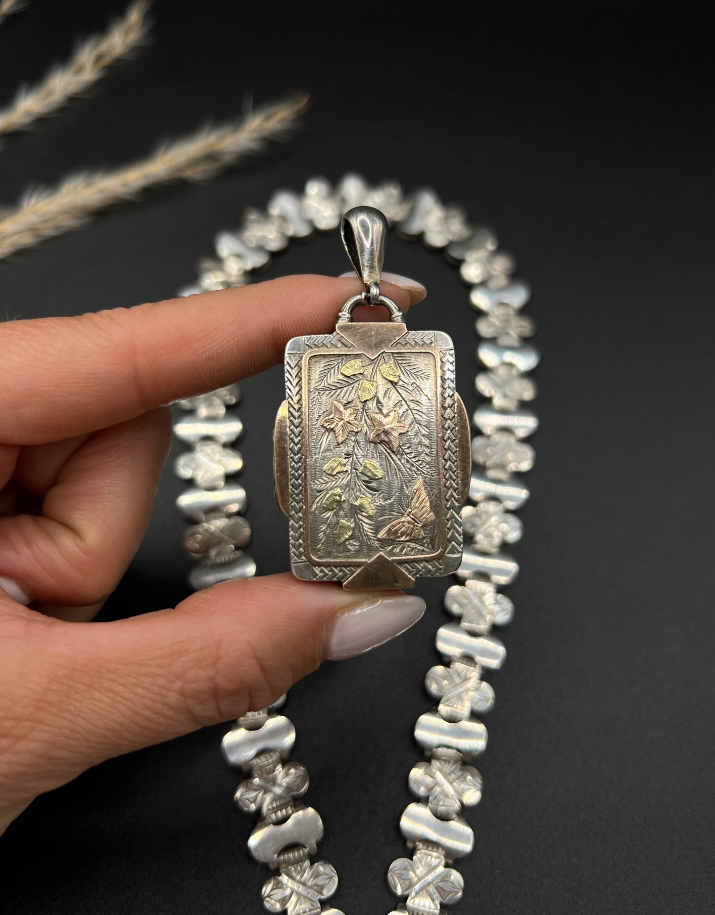 Victorian Sterling Silver Book Chain Necklace with Silver and Gold Inlaid Butterfly Locket