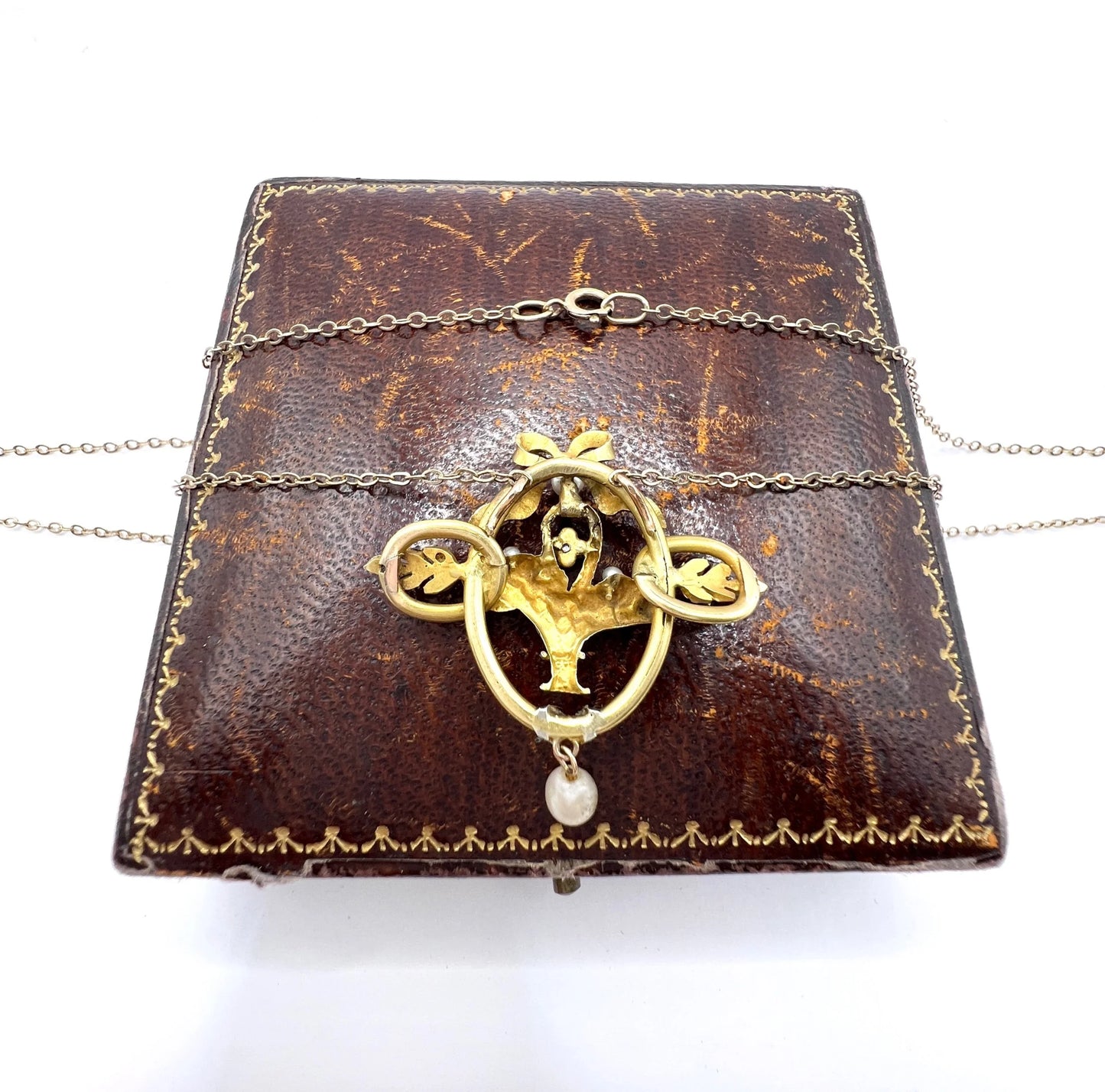 Antique 18 ct Gold, Edwardian Diamond And Seed Pearl Floral Basket Pendant Necklace