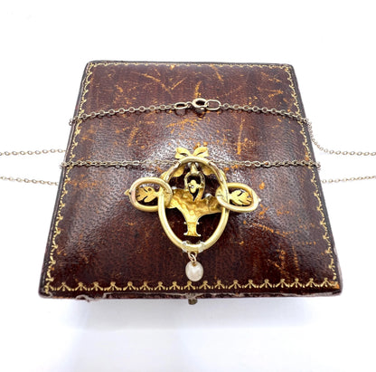 Antique 18 ct Gold, Edwardian Diamond And Seed Pearl Floral Basket Pendant Necklace
