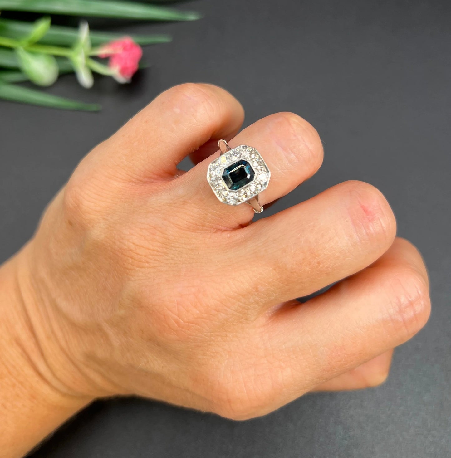 Art Deco Sapphire and Diamond Octagonal Shaped Cluster Engagement Ring 18ct gold and Platinum