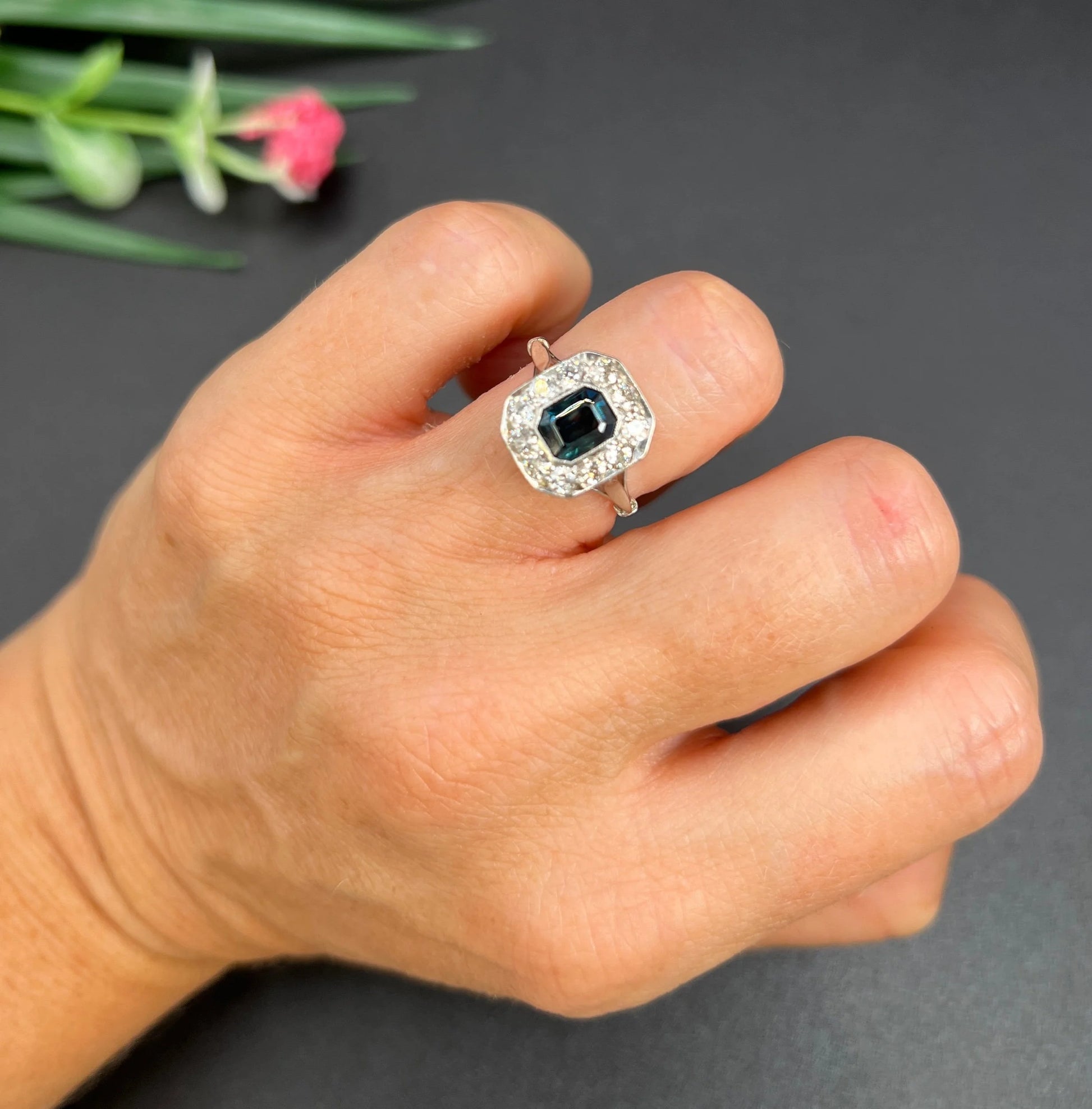 Art Deco Sapphire and Diamond Octagonal Shaped Cluster Engagement Ring 18ct gold and Platinum