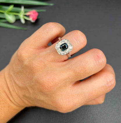 Art Deco Sapphire and Diamond Octagonal Shaped Cluster Engagement Ring 18ct gold and Platinum