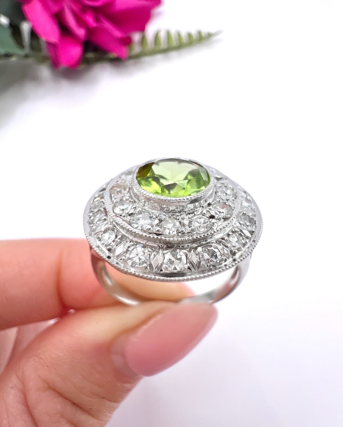 Vintage 18ct Gold French, 1940s Peridot and Diamond Double Halo Ring