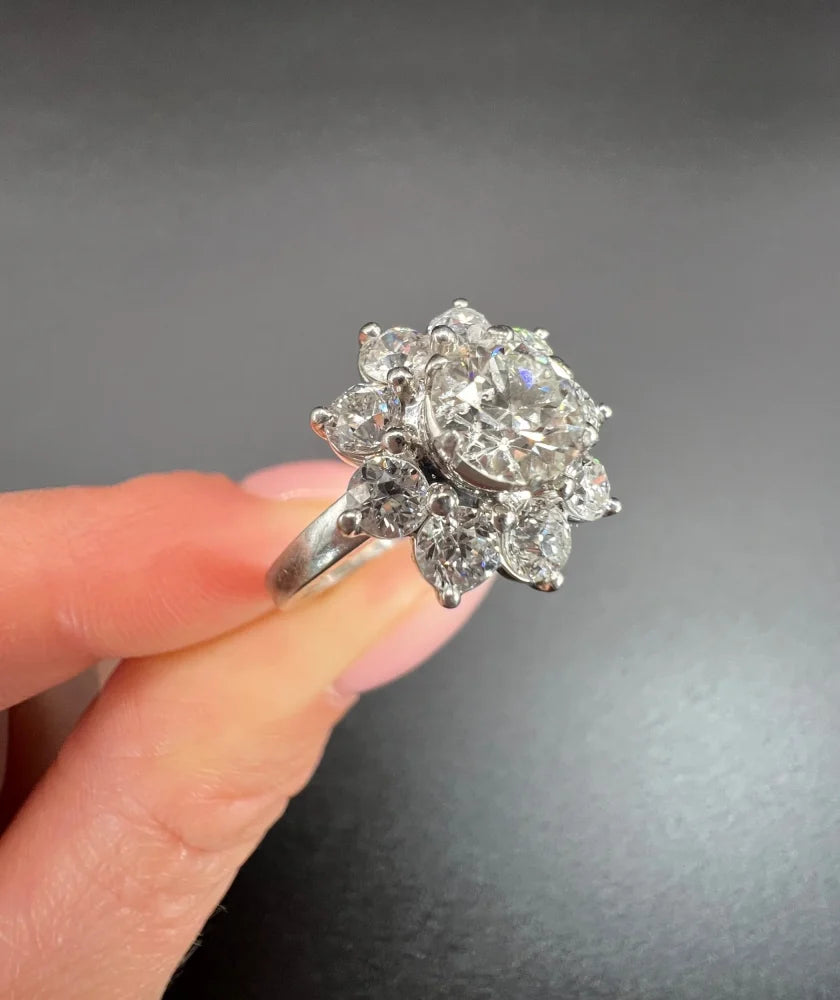 Vintage Diamond Daisy Cluster Engagement Ring in Platinum, 2.20 carats