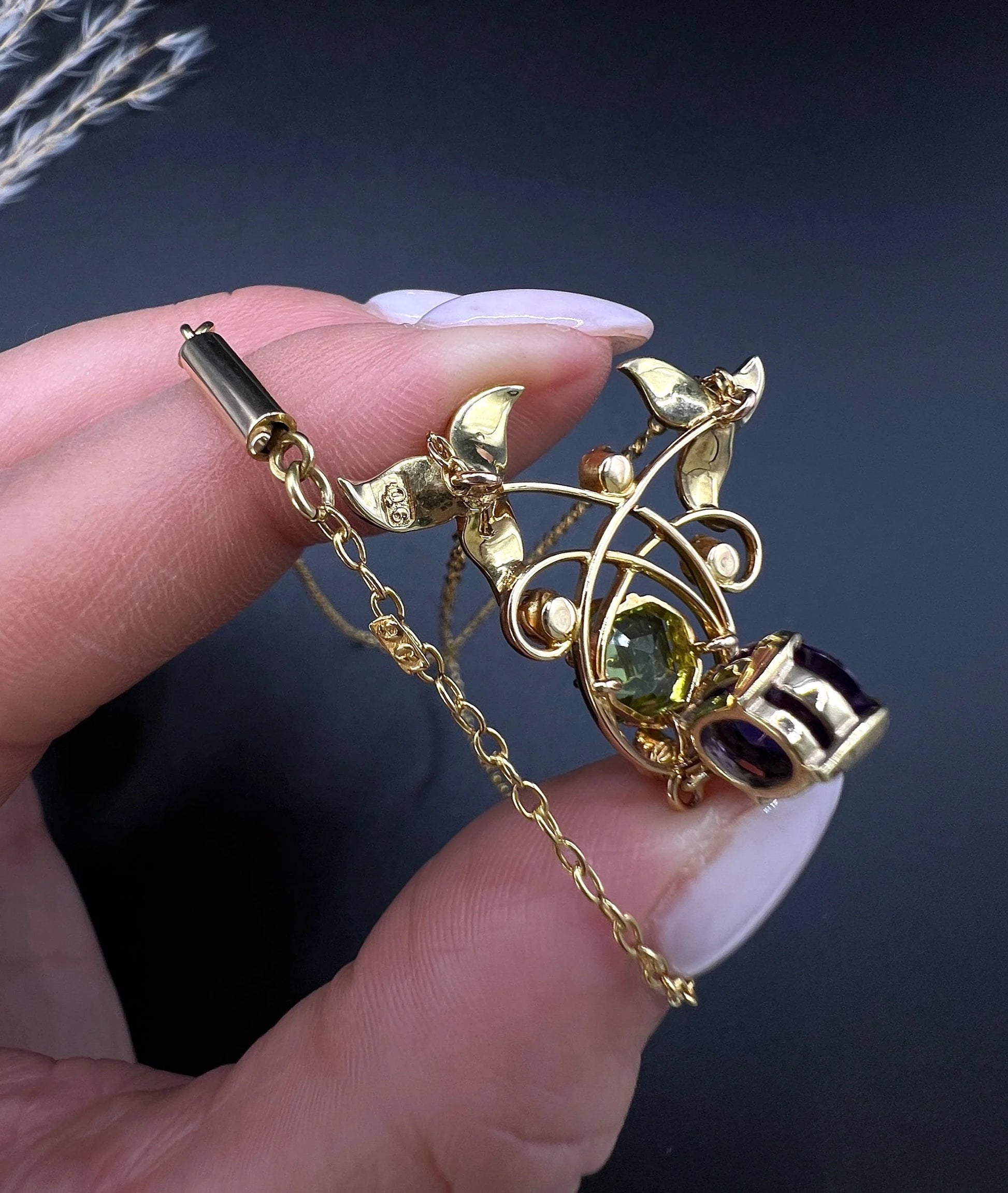 Antique 9 ct Gold Edwardian Suffragette Pendant Necklace With Amethyst, Peridot And Seed Pearls