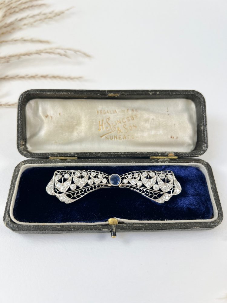 Antique Art Deco 3.4ct Old Cut Diamond and Sapphire Bow Brooch