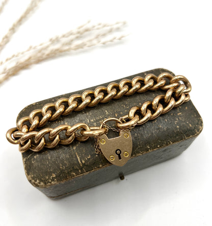 Victorian 15 Carat Rose Gold Curb Link Bracelet with Heart Padlock Clasp, Circa 1880