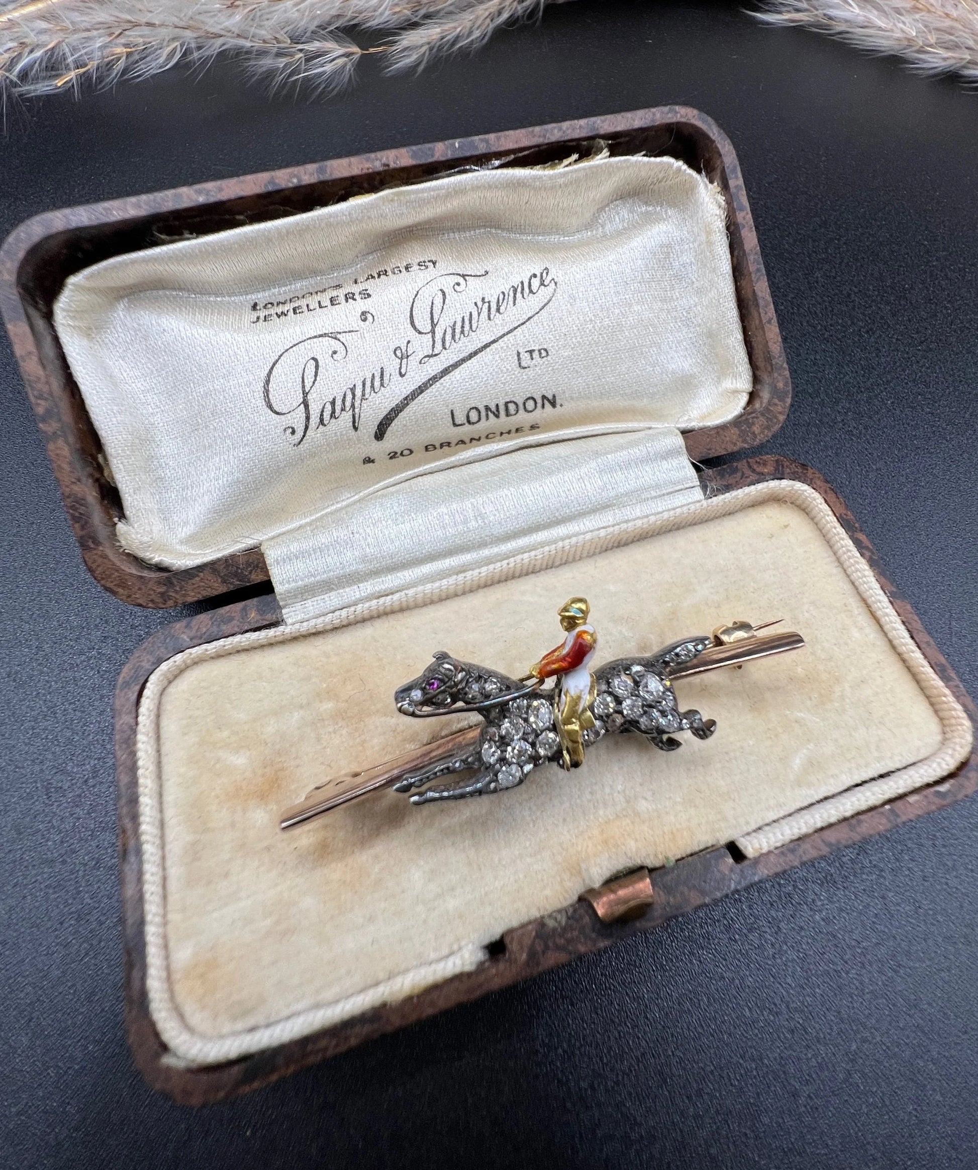 Antique 18 Carat Gold and Silver Diamond Horse and Enamel Jockey Brooch, Circa 1900