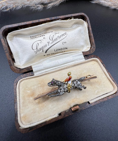 Antique 18 Carat Gold and Silver Diamond Horse and Enamel Jockey Brooch, Circa 1900