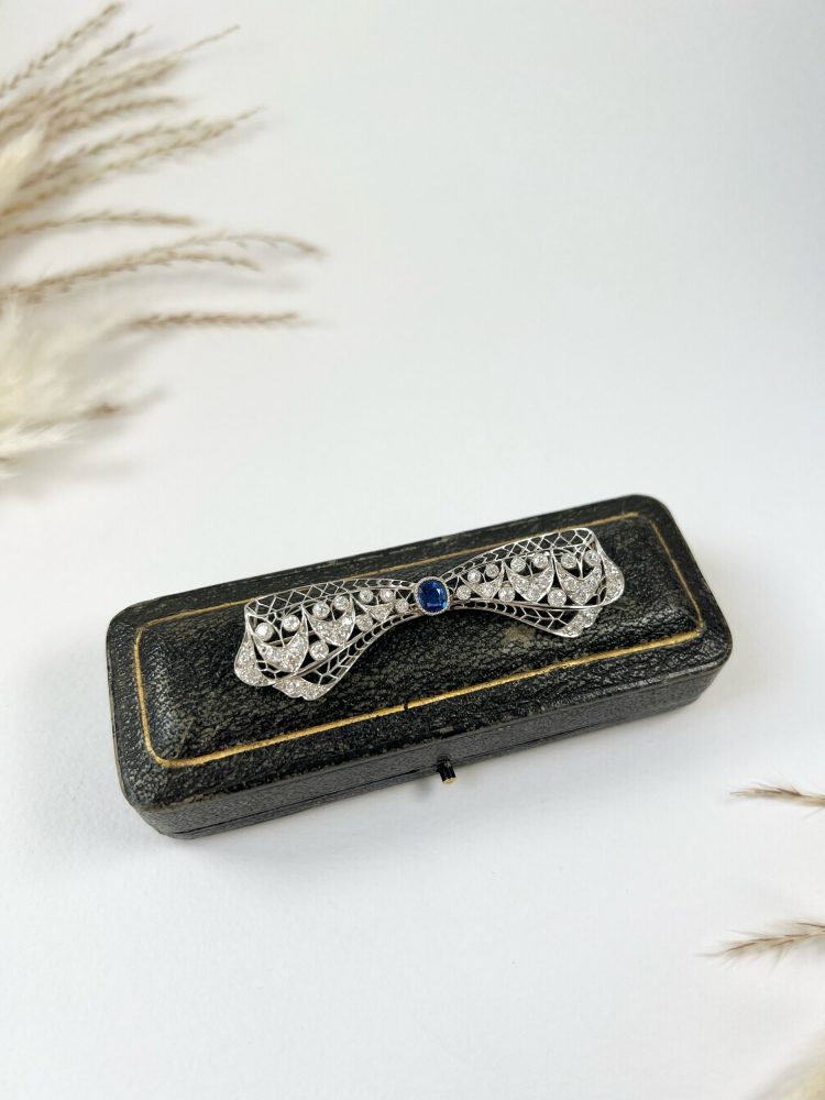 Antique Art Deco 3.4ct Old Cut Diamond and Sapphire Bow Brooch