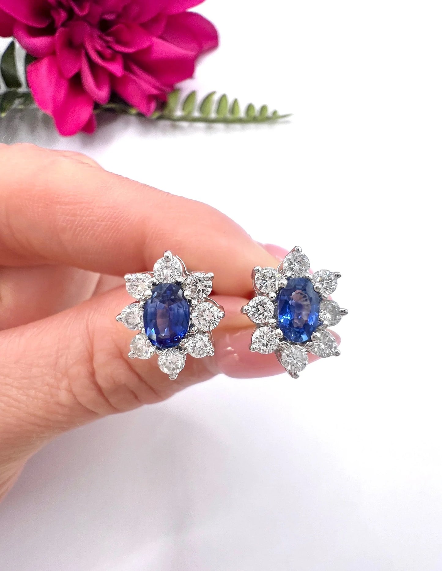 Vintage 18 ct White Gold, 1980's Natural Sapphire And Diamond Oval Cluster Earrings
