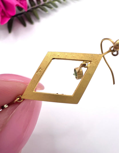 Edwardian 9 Carat Gold Peridot and Seed Pearl Drop Earrings, Circa 1910