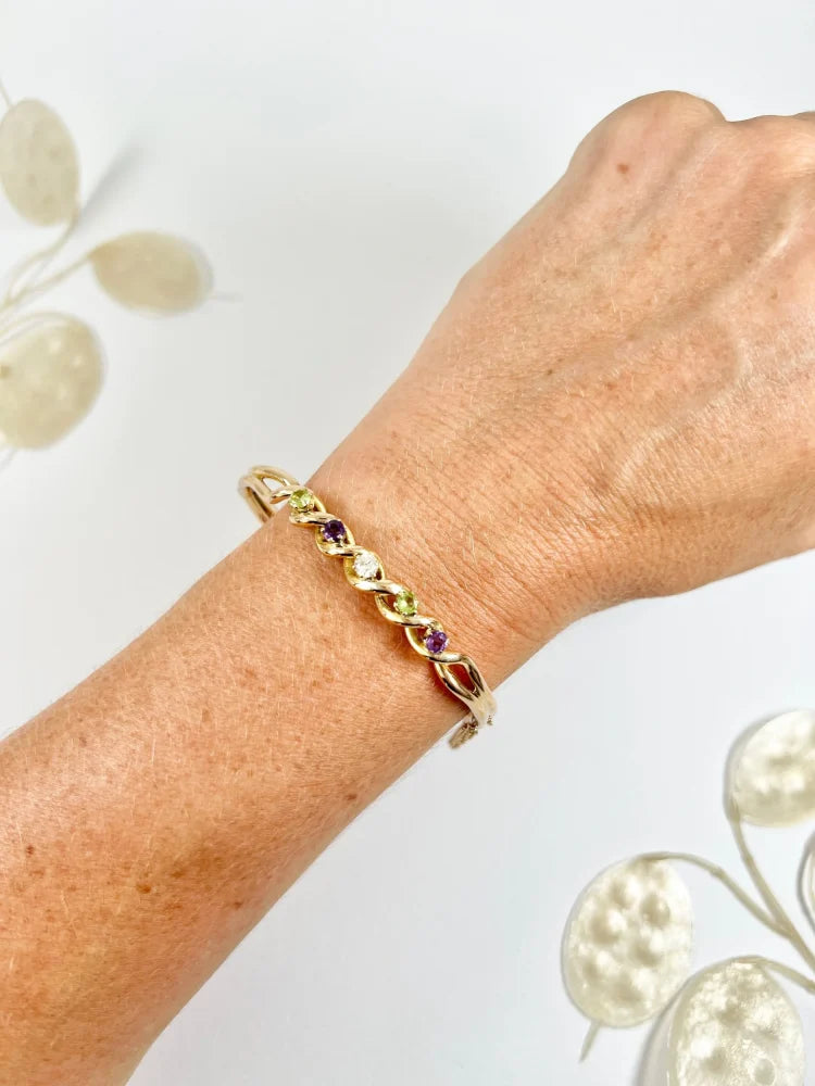 Antique 15 Carat Yellow Gold Suffragette Bangle with Amethyst, Peridot And Diamond Stones