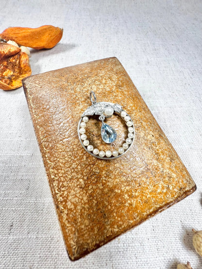 Antique 14 Carat Gold And Platinum 1920's Aquamarine, Pearl, And Diamond Pendant