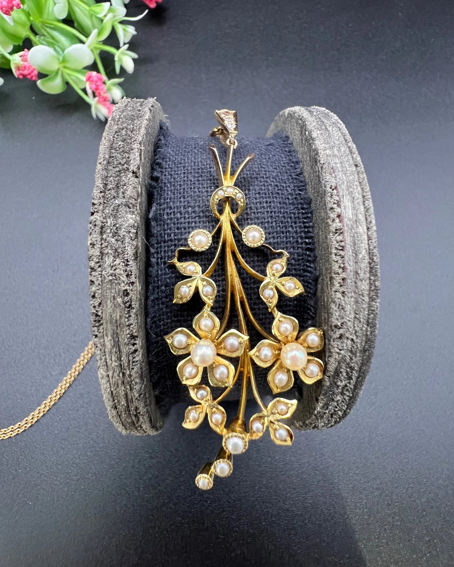Antique 15 Carat Yellow Gold Pearl and Diamond Flower Spray Bouquet Pendant, Circa 1900